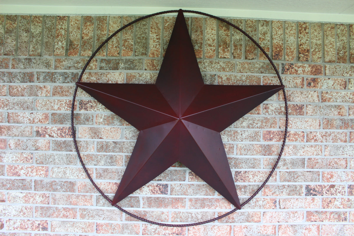 48" BARN LONE STAR WITH LARGE TWISTED ROPE RING METAL ART VINTAGE RUSTIC BURGUNDY RED NEW