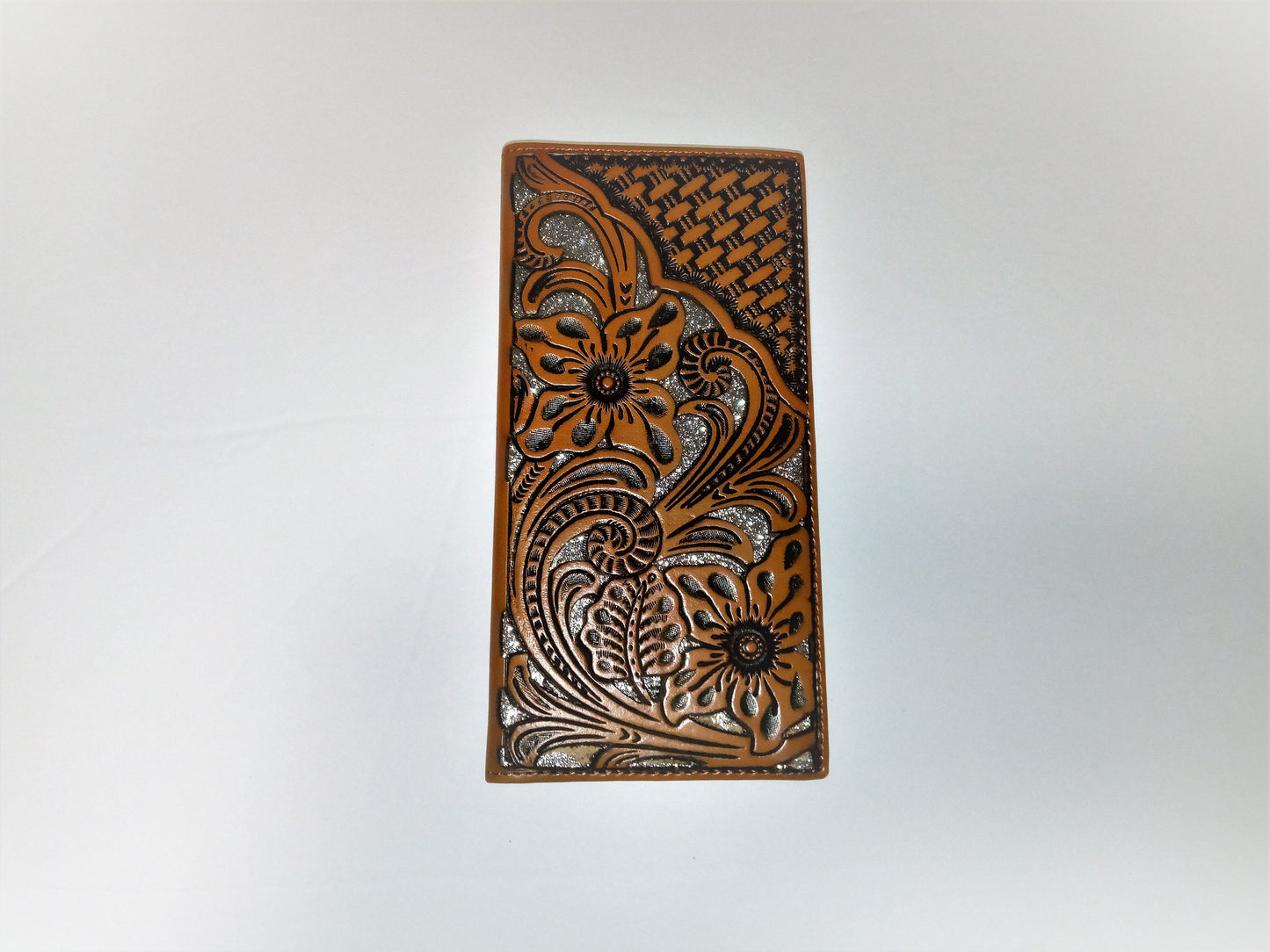 WESTERN CHECKBOOK BI FOLD WOMEN'S WALLET & MEN'S WALLET GENUINE LEATHER TAN/SILVER FRONT FLORAL EMBOSSED