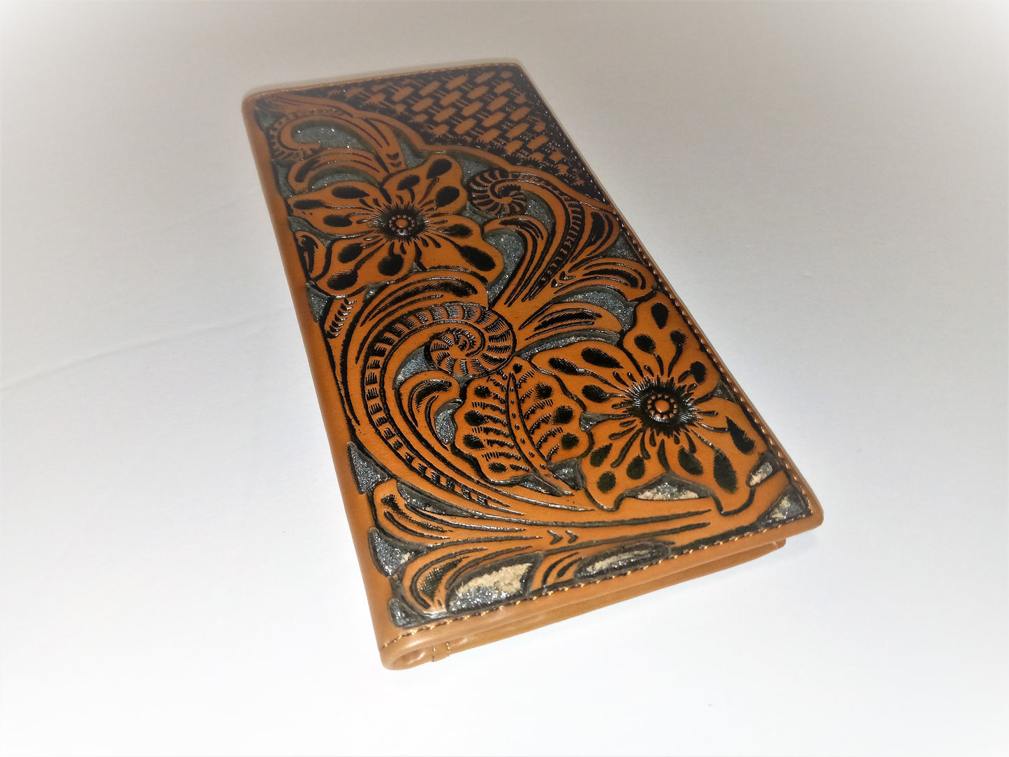 WESTERN CHECKBOOK BI FOLD WOMEN'S WALLET & MEN'S WALLET GENUINE LEATHER TAN/SILVER FRONT FLORAL EMBOSSED