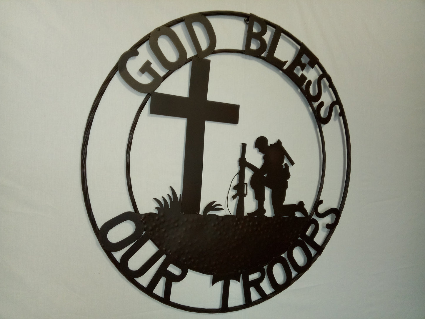 GOD BLESS OUR TROOPS 24",32" PRAYING COWBOY CHURCH SOLDIER MILITARY PATRIOTIC METAL SIGN WESTERN HOME DECOR NEW #SI_F142002