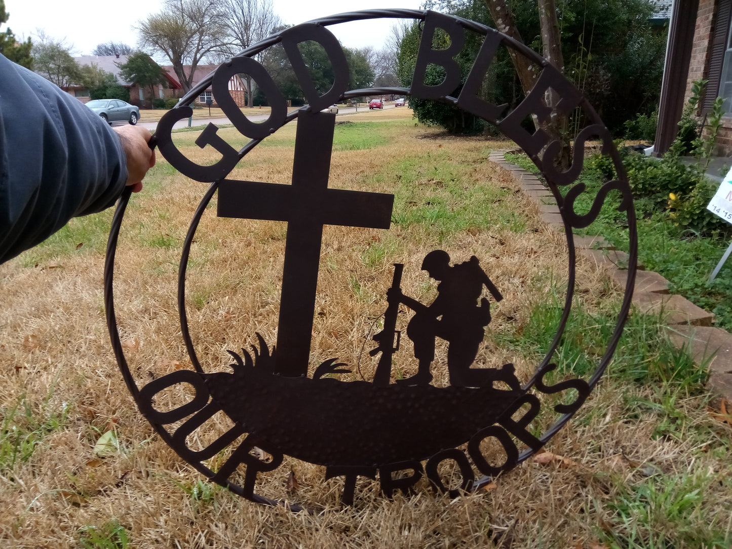 GOD BLESS OUR TROOPS 24",32" PRAYING COWBOY CHURCH SOLDIER MILITARY PATRIOTIC METAL SIGN WESTERN HOME DECOR NEW #SI_F142002