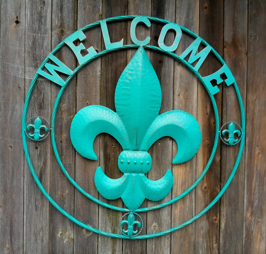 32" WELCOME FLEUR DE LIS SIGN METAL WALL ART WESTERN HOME DECOR HANDMADE NEW
