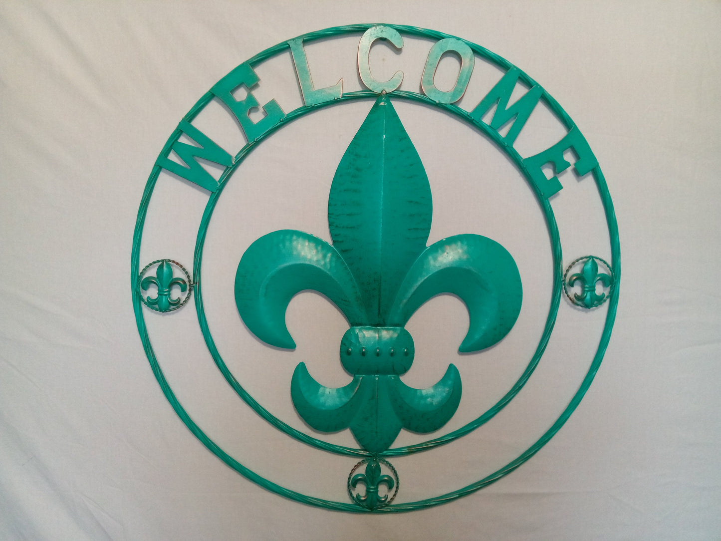 24",32" WELCOME FLEUR DE LIS TURQUOISE SIGN METAL WALL ART WESTERN HOME DECOR HANDMADE NEW