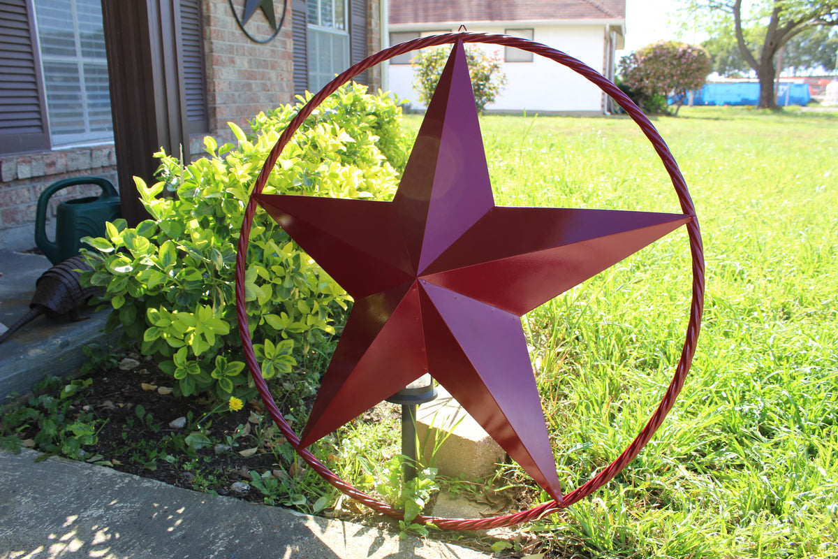 BURGUNDY RED BARN METAL STAR TWISTED ROPE RING WESTERN HOME DECOR HANDMADE NEW 3" TO 72"