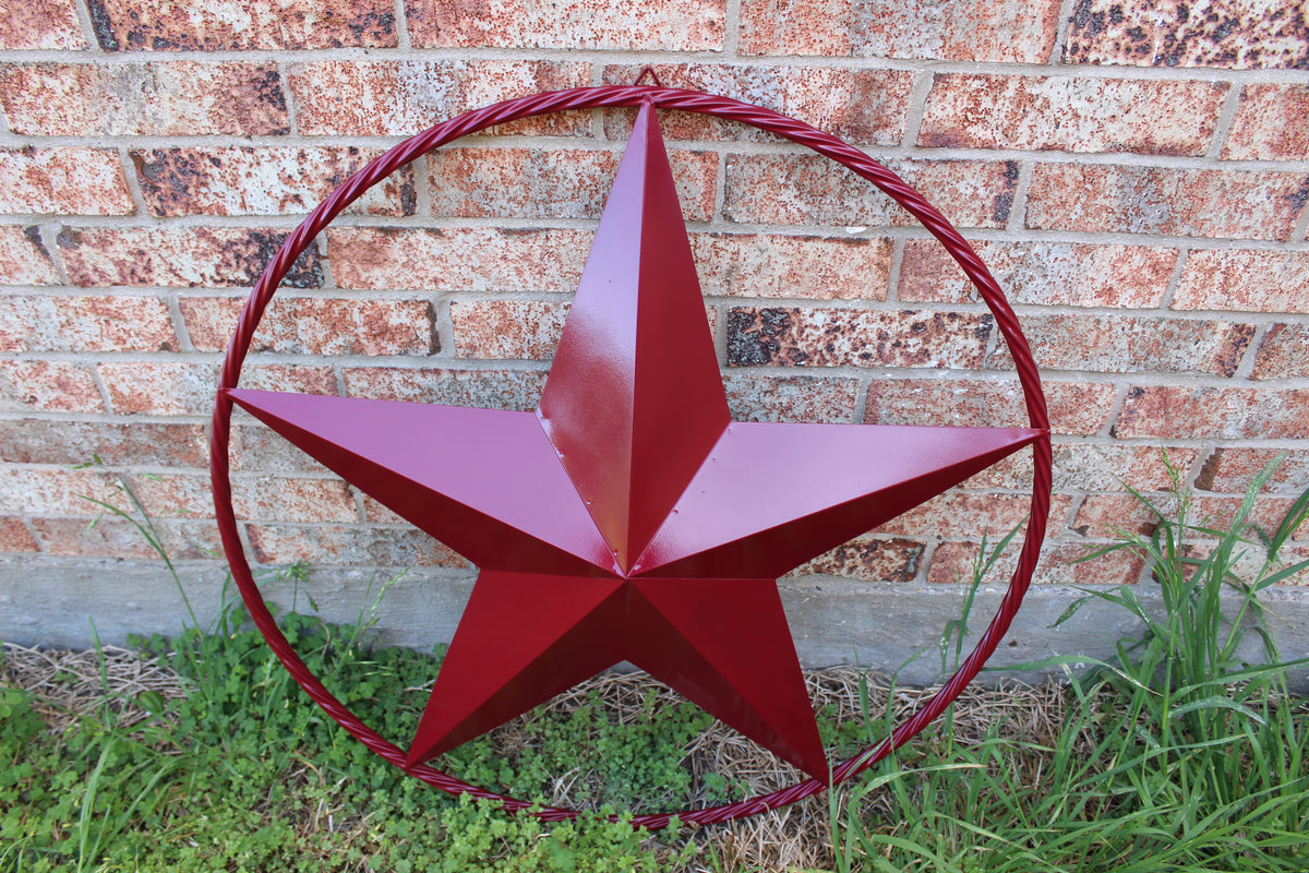 BURGUNDY RED BARN METAL STAR TWISTED ROPE RING WESTERN HOME DECOR HANDMADE NEW 3" TO 72"