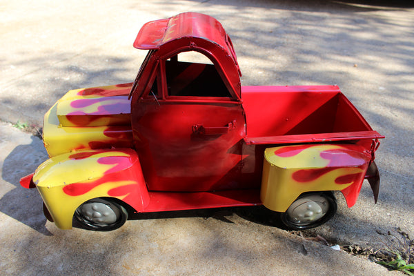 20" RED & YELLOW PICKUP TRUCK METAL ART FIGURINE OUTDOOR & INDOOR GARDEN WESTERN HOME DECOR HANDMADE NEW: 20"L X 10"W X 12" H #EH13008
