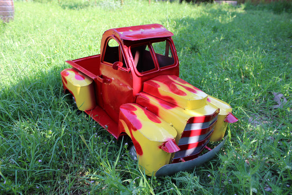 20" RED & YELLOW PICKUP TRUCK METAL ART FIGURINE OUTDOOR & INDOOR GARDEN WESTERN HOME DECOR HANDMADE NEW: 20"L X 10"W X 12" H #EH13008