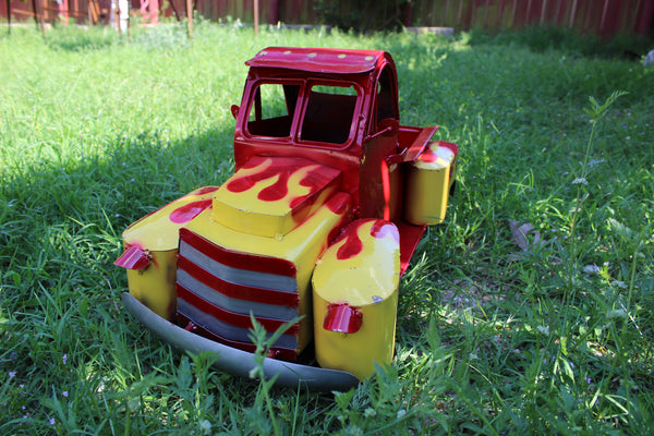 20" RED & YELLOW PICKUP TRUCK METAL ART FIGURINE OUTDOOR & INDOOR GARDEN WESTERN HOME DECOR HANDMADE NEW: 20"L X 10"W X 12" H #EH13008
