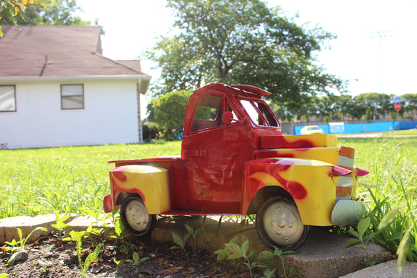 20" RED & YELLOW PICKUP TRUCK METAL ART FIGURINE OUTDOOR & INDOOR GARDEN WESTERN HOME DECOR HANDMADE NEW: 20"L X 10"W X 12" H #EH13008
