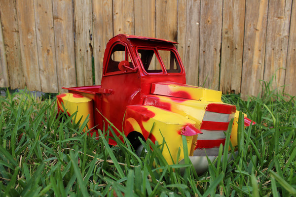 20" RED & YELLOW PICKUP TRUCK METAL ART FIGURINE OUTDOOR & INDOOR GARDEN WESTERN HOME DECOR HANDMADE NEW: 20"L X 10"W X 12" H #EH13008