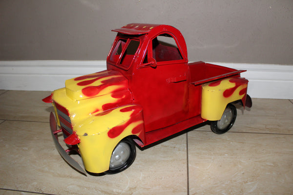 20" RED & YELLOW PICKUP TRUCK METAL ART FIGURINE OUTDOOR & INDOOR GARDEN WESTERN HOME DECOR HANDMADE NEW: 20"L X 10"W X 12" H #EH13008