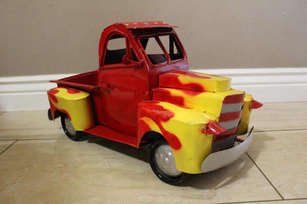 20" RED & YELLOW PICKUP TRUCK METAL ART FIGURINE OUTDOOR & INDOOR GARDEN WESTERN HOME DECOR HANDMADE NEW: 20"L X 10"W X 12" H #EH13008