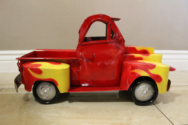 20" RED & YELLOW PICKUP TRUCK METAL ART FIGURINE OUTDOOR & INDOOR GARDEN WESTERN HOME DECOR HANDMADE NEW: 20"L X 10"W X 12" H #EH13008