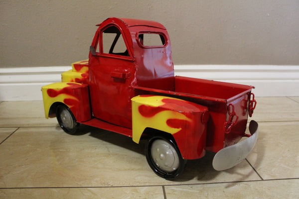 20" RED & YELLOW PICKUP TRUCK METAL ART FIGURINE OUTDOOR & INDOOR GARDEN WESTERN HOME DECOR HANDMADE NEW: 20"L X 10"W X 12" H #EH13008