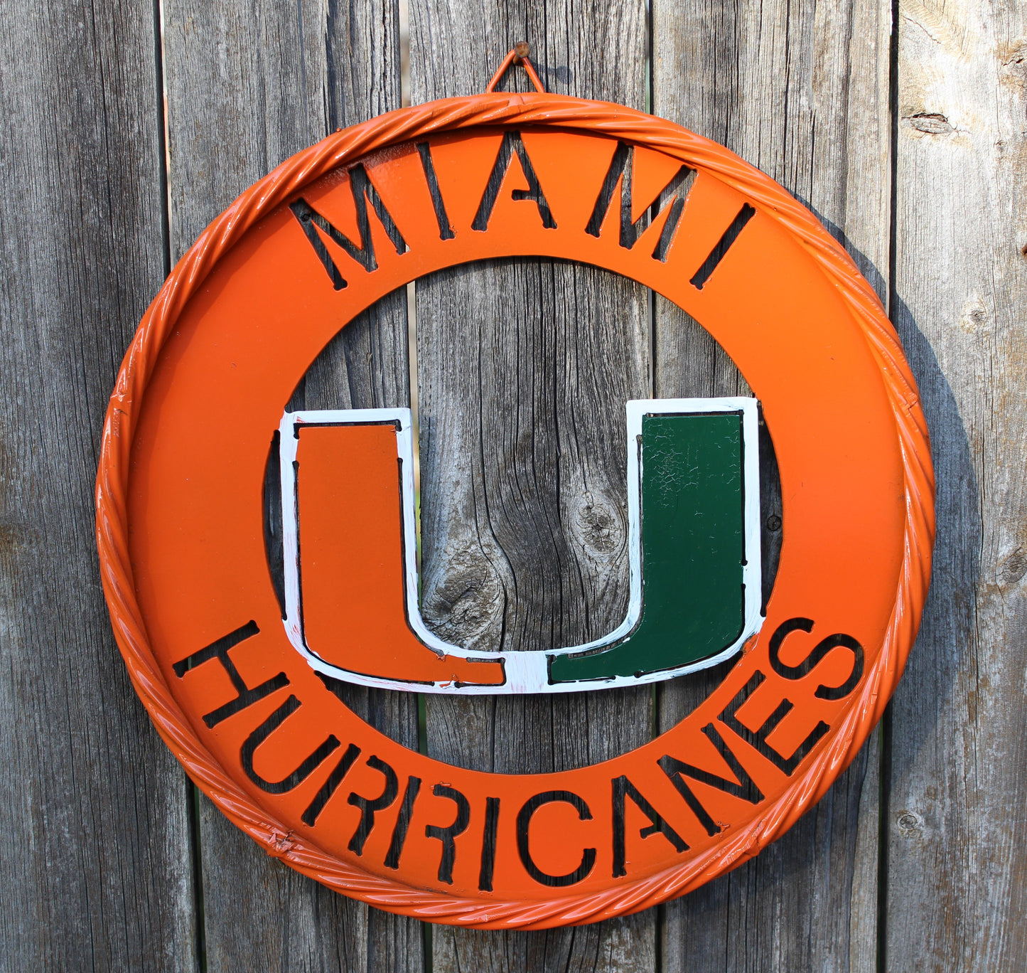 12" MIAMI HURRICANES DISC STYLE CUSTOM METAL VINTAGE CRAFT SIGN HANDMADE