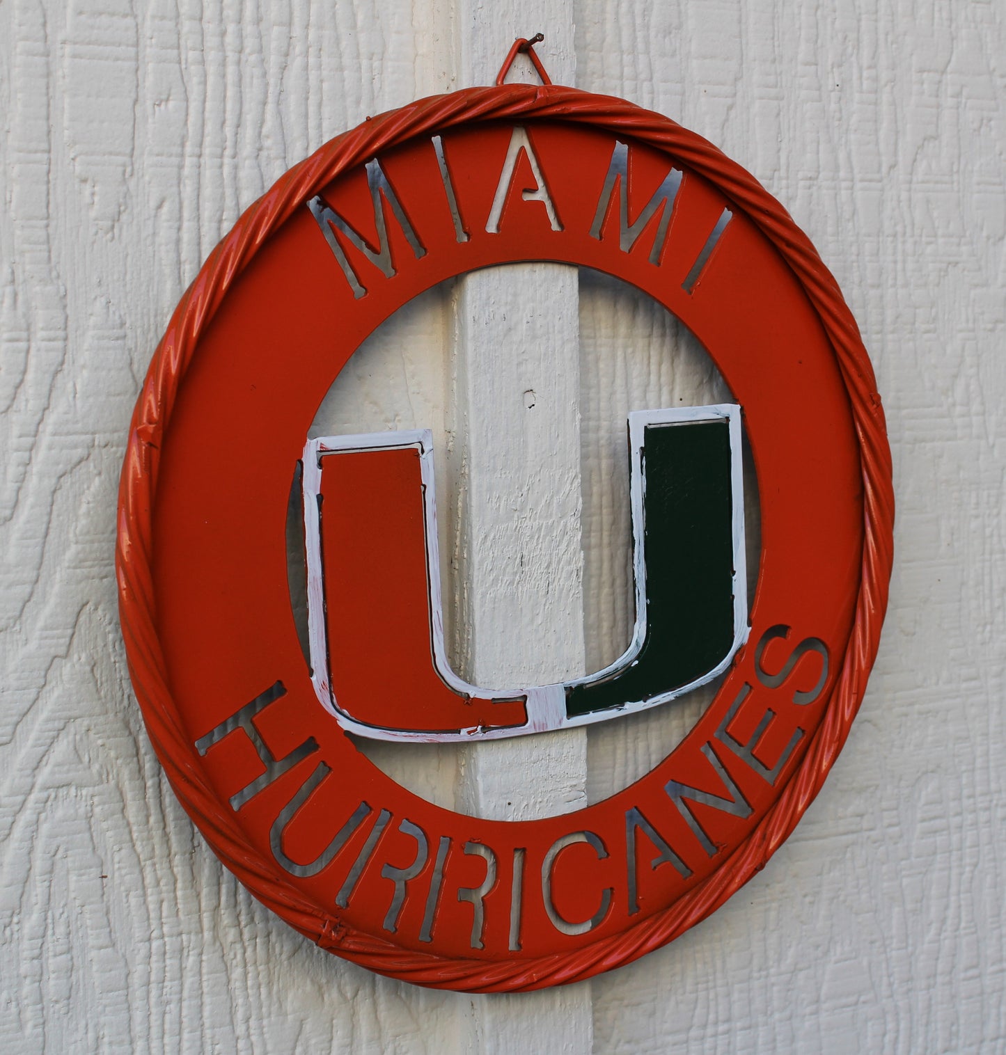 12" MIAMI HURRICANES DISC STYLE CUSTOM METAL VINTAGE CRAFT SIGN HANDMADE