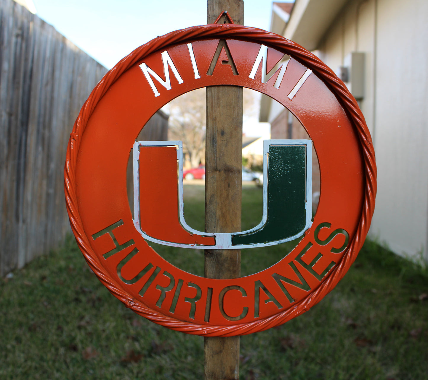 12" MIAMI HURRICANES DISC STYLE CUSTOM METAL VINTAGE CRAFT SIGN HANDMADE