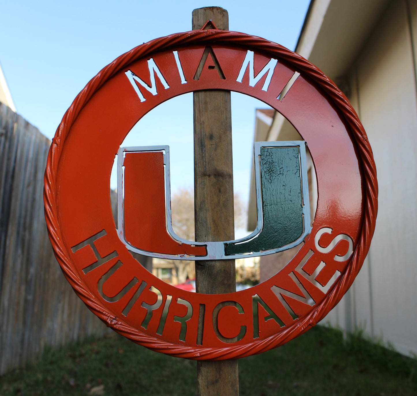 12" MIAMI HURRICANES DISC STYLE CUSTOM METAL VINTAGE CRAFT SIGN HANDMADE