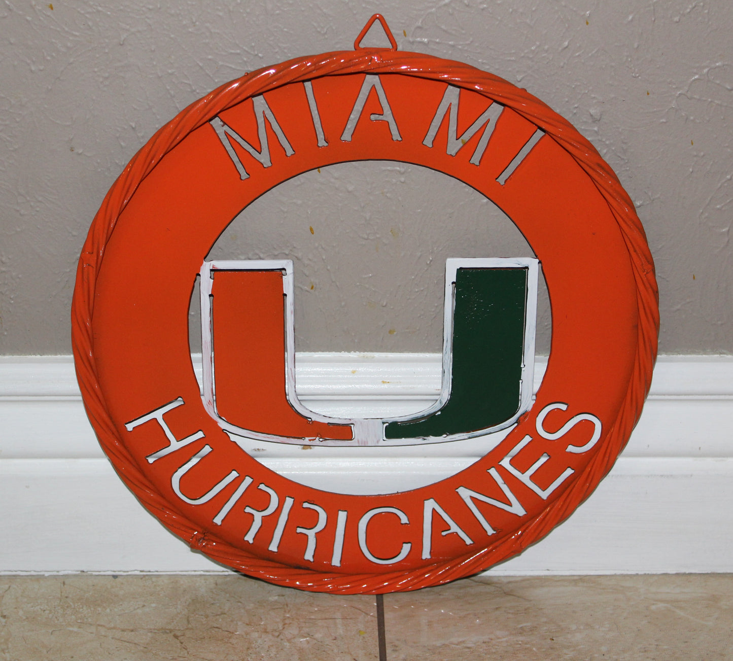 12" MIAMI HURRICANES DISC STYLE CUSTOM METAL VINTAGE CRAFT SIGN HANDMADE