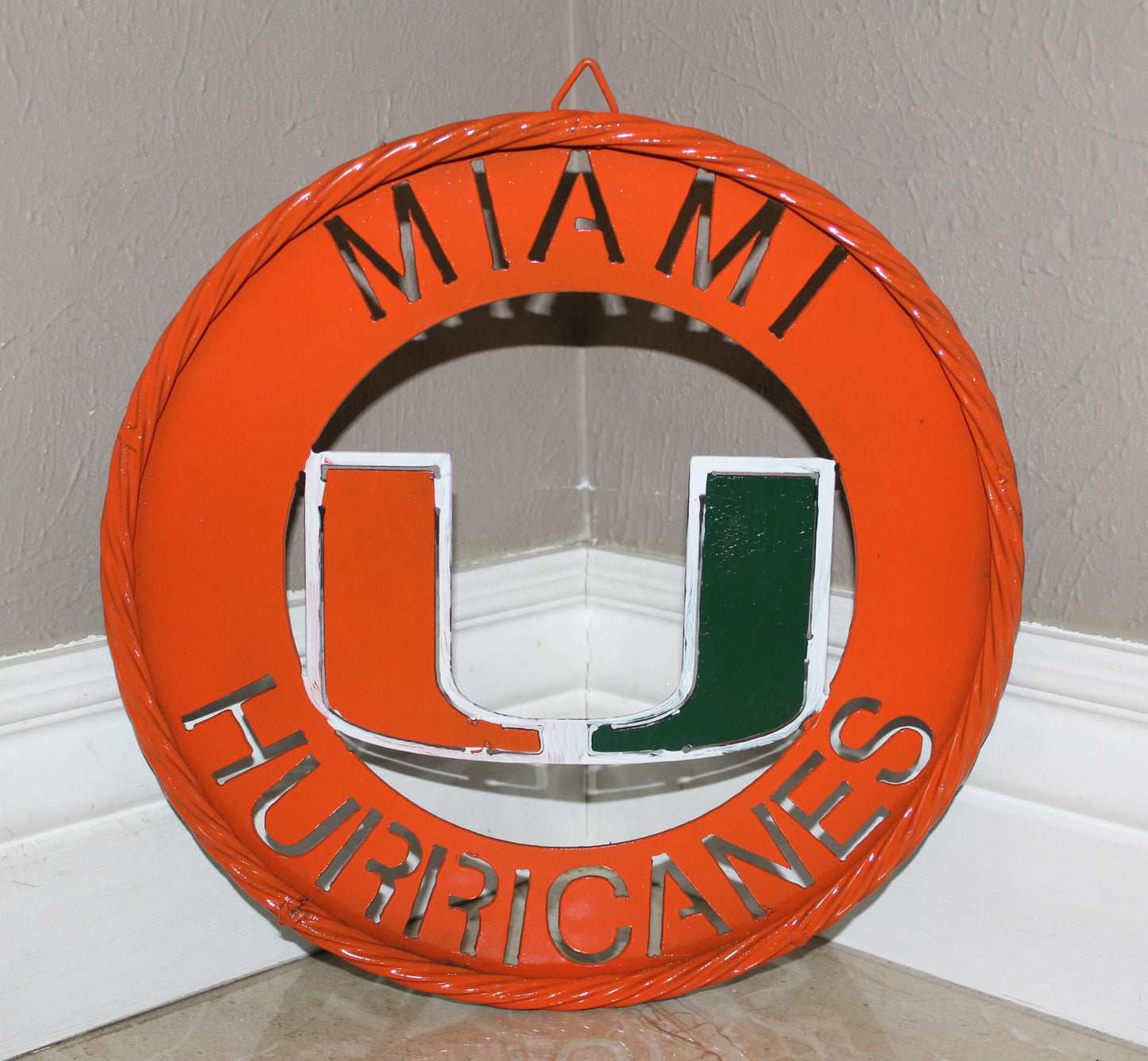 12" MIAMI HURRICANES DISC STYLE CUSTOM METAL VINTAGE CRAFT SIGN HANDMADE