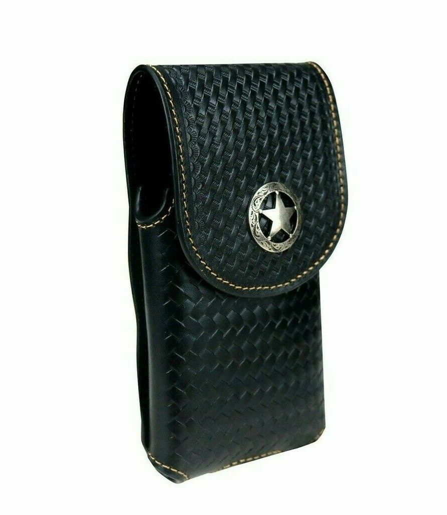 7" LONE STAR BLACK LEATHER STAR POUCH EXTRA LARGE  BELT LOOP HOLSTER CELL PHONE CASE UNIVERSAL OVERSIZE--FREE SHIPPING