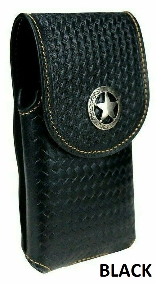 7" LONE STAR BLACK LEATHER STAR POUCH EXTRA LARGE  BELT LOOP HOLSTER CELL PHONE CASE UNIVERSAL OVERSIZE--FREE SHIPPING