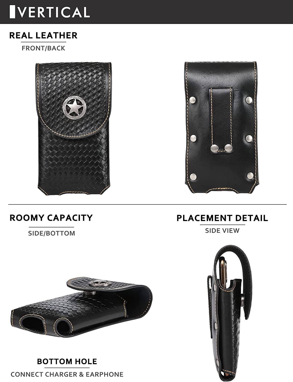 7" LONE STAR BLACK LEATHER STAR POUCH EXTRA LARGE  BELT LOOP HOLSTER CELL PHONE CASE UNIVERSAL OVERSIZE--FREE SHIPPING