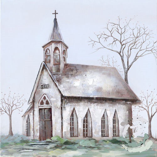 RA0425 FALL CHURCH CANVAS PAINTING 32"x32" PICTURE WESTERN COUNTRY HOME DECOR HANDMADE