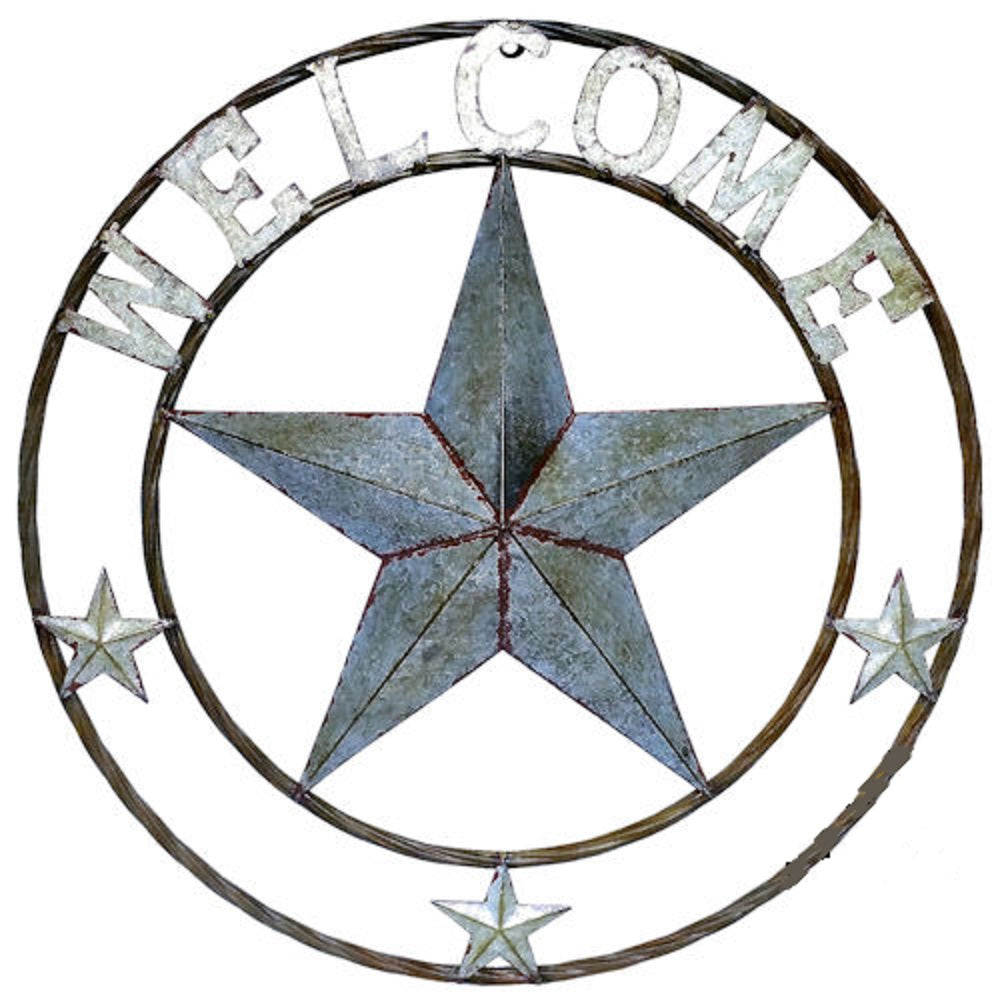 #RT6160 WELCOME GALV 24" METAL BARN STAR TWISTED RING WESTERN HOME DECOR HANDMADE NEW