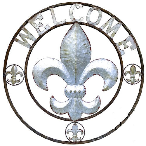 FLEUR DE LIS 24" WELCOME GALVANIZED RAW METAL WALL ART WESTERN HOME DECOR #EH10286