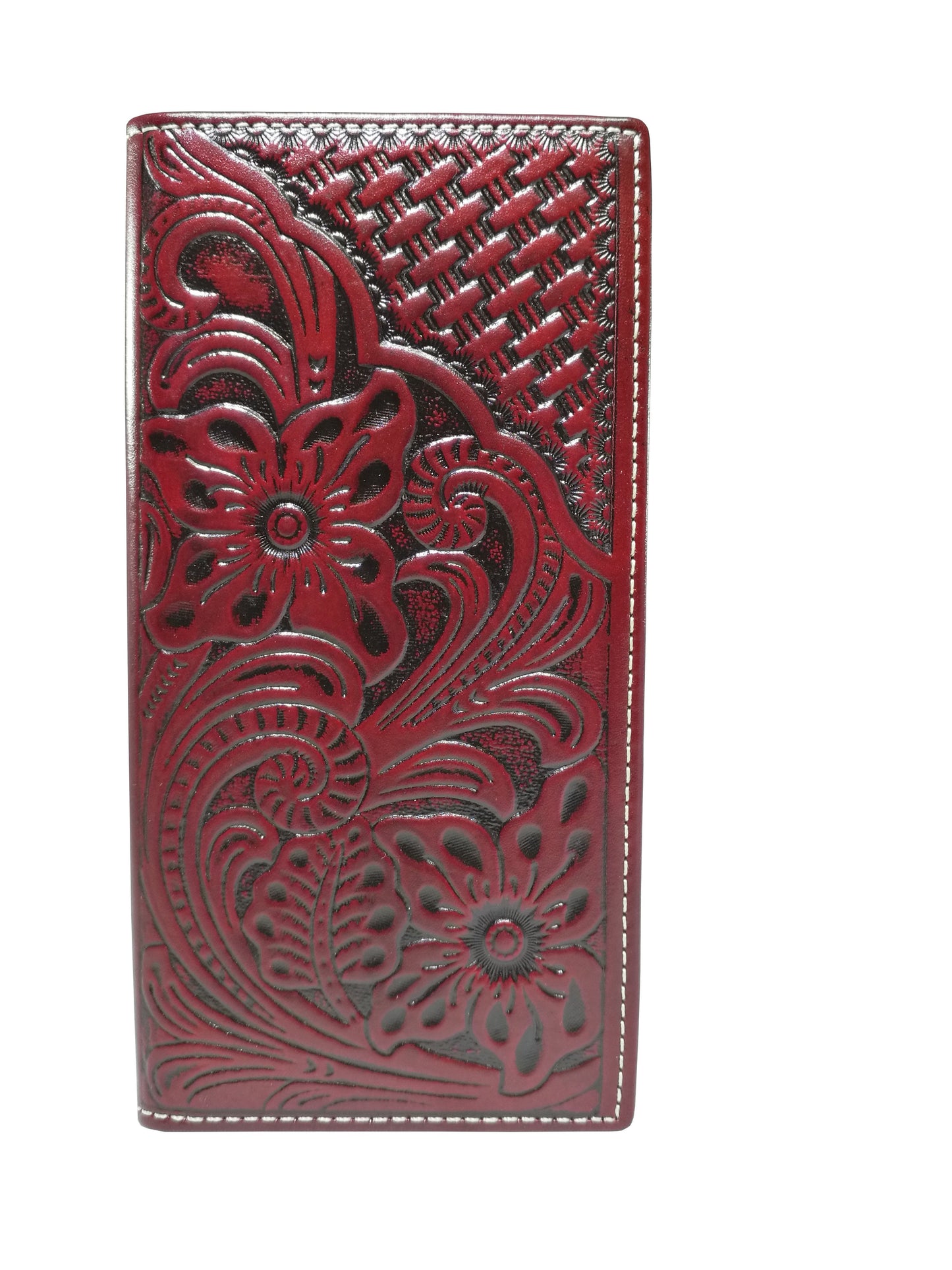 WESTERN CHECKBOOK BI FOLD MENS WALLET GENUINE LEATHER BURGUNDY FRONT FLORAL EMBOSSED