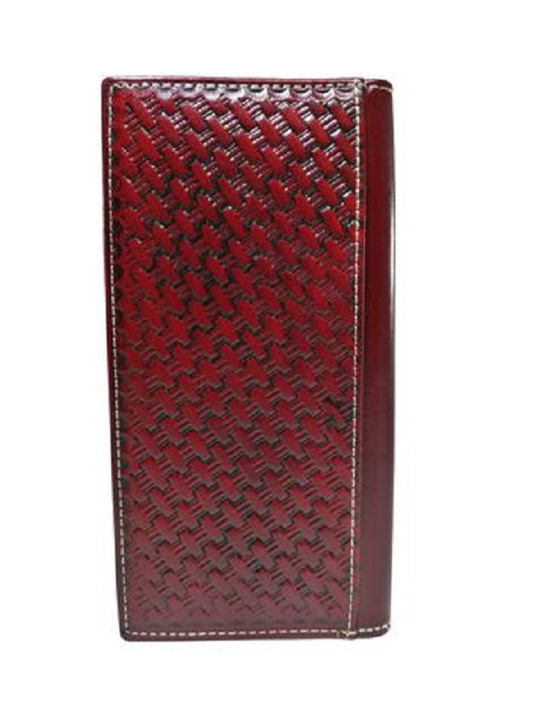 WESTERN CHECKBOOK BI FOLD MENS WALLET GENUINE LEATHER BURGUNDY FRONT FLORAL EMBOSSED