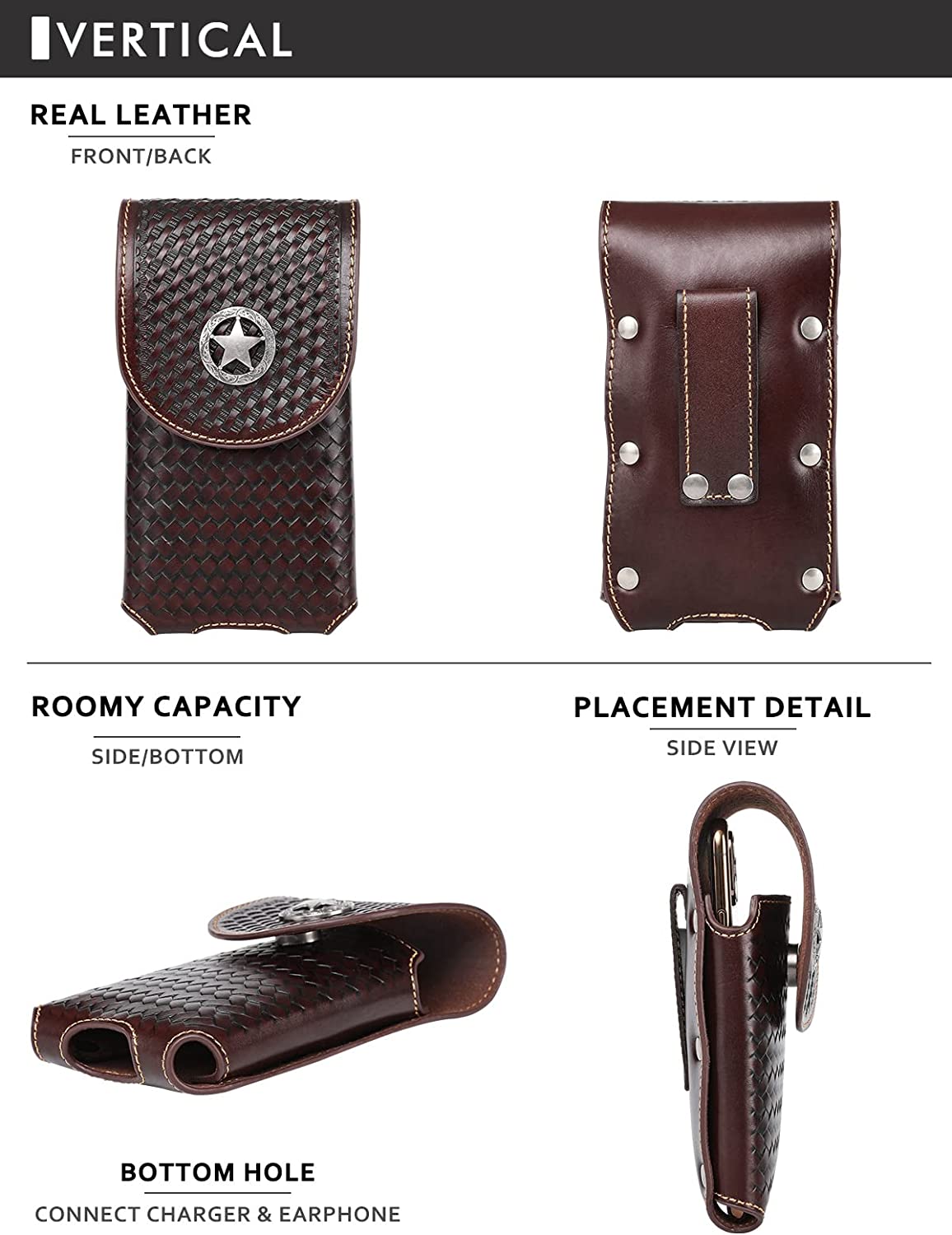7" LONE STAR LEATHER HOLSTEE COFFEE BROWN STAR POUCH EXTRA LARGE  BELT LOOP CELL PHONE CASE UNIVERSAL OVERSIZE #EH12702--FREE SHIPPING