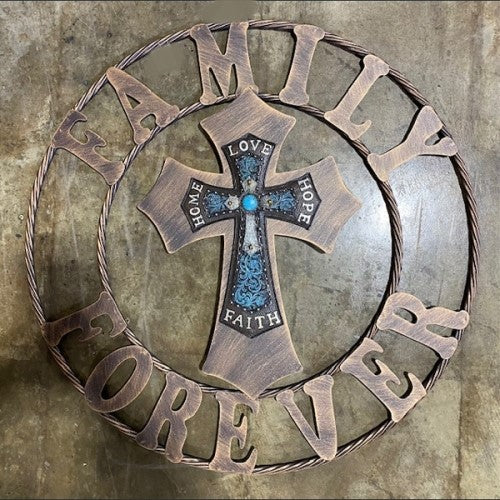 FAITH HOPE LOVE FAMILY FOREVER CROSS 24" METAL SIGN WITH RESIN CROSS WALL DECOR WESTERN HOME DECOR NEW HANDMADE #EH12945