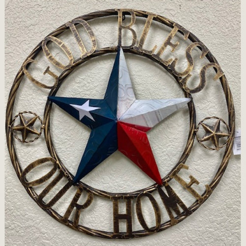 GOD BLESS OUR HOME TX LICENSE PLATE BARN STAR METAL FLAG LONE STAR RED #EH12937