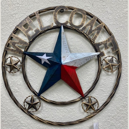 WELCOME LICENSE PLATE RED WHITE BLUE BARN METAL BARN LONE STAR TWIST ROPE RING WESTERN HOME DECOR HANDMADE #EH12986
