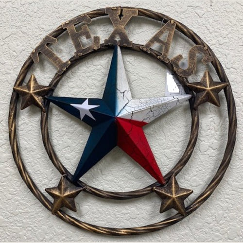TEXAS CRACKLE STAR TWIST ROPE RING RED WHITE BLUE METAL STAR WESTERN HOME DECOR HANDMADE NEW #EH13051