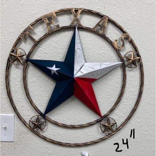 TEXAS CRACKLE STAR TWIST ROPE RING RED WHITE BLUE METAL STAR WESTERN HOME DECOR HANDMADE NEW #EH13051