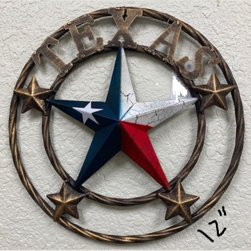 TEXAS CRACKLE STAR TWIST ROPE RING RED WHITE BLUE METAL STAR WESTERN HOME DECOR HANDMADE NEW #EH13051