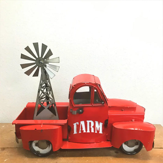 20" FARM RED PICKUP TRUCK METAL ART FIGURINE OUTDOOR & INDOOR GARDEN WESTERN HOME DECOR HANDMADE NEW: 20"L x 10"W x 12" H #EH12530