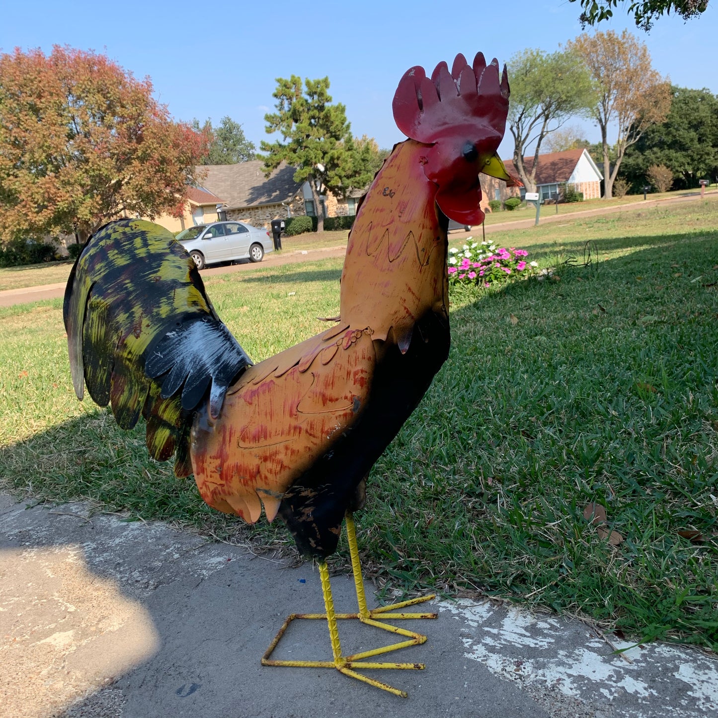 #34-025 RUSTIC ORANGE RED ROOSTER 18",30",40" GARDEN METAL ANIMAL SCULPTURE METAL DECOR ORNAMENT 16"L x 20" high