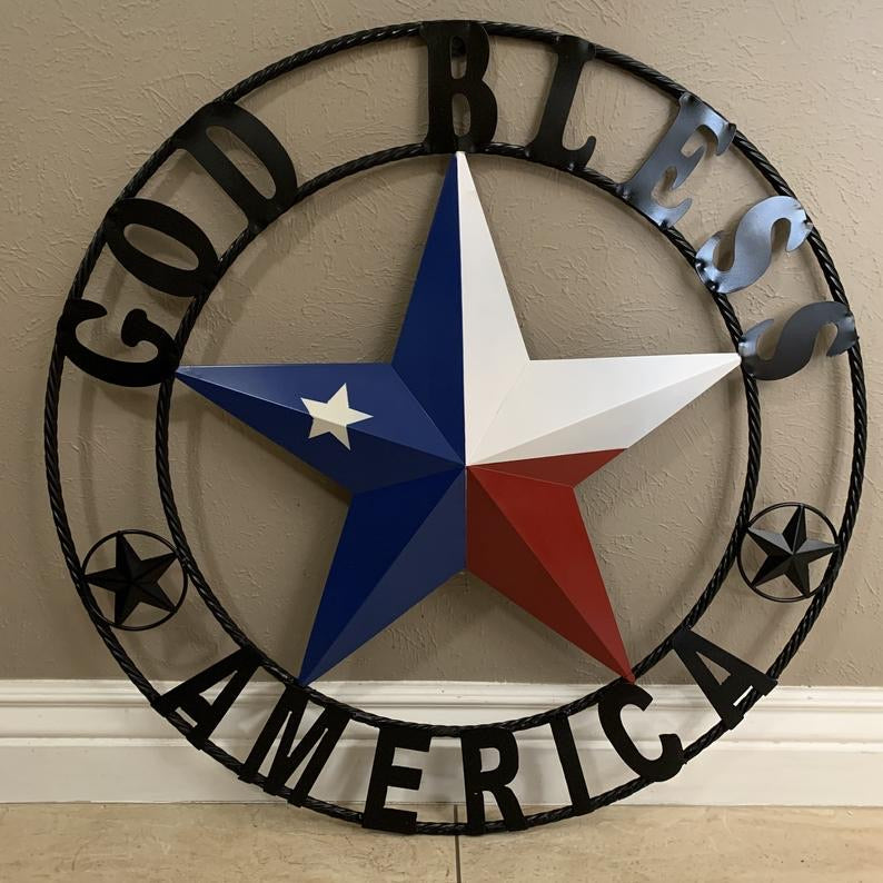GOD BLESS AMERICA RED WHITE & BLUE METAL BARN STAR TWISTED ROPE RING WESTERN HOME DECOR HANDMADE NEW #EH10549