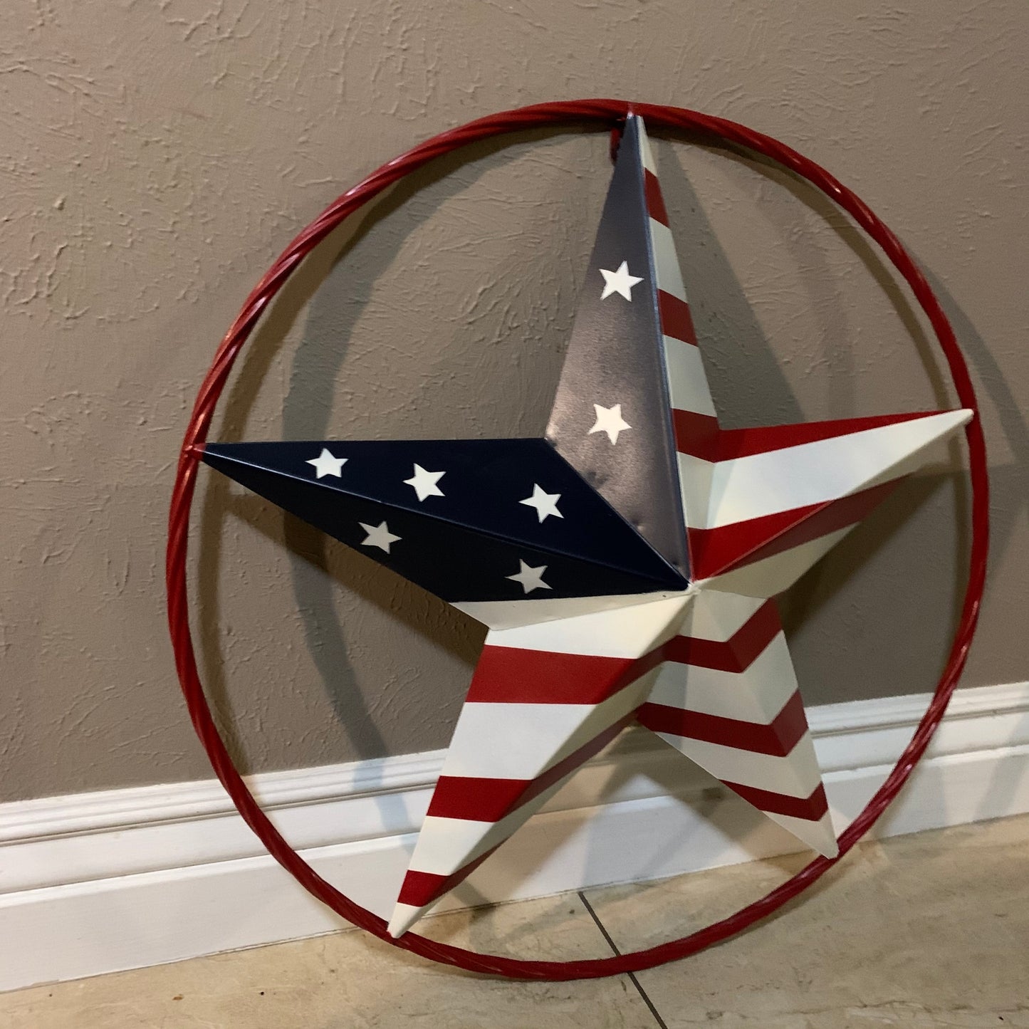 AMERICAN Flag USA Metal Barn Star RED, WHITE & BLUE WITH RED Rope Ring Western Home Decor Handmade 12",16",24",30",34",36",40",48"