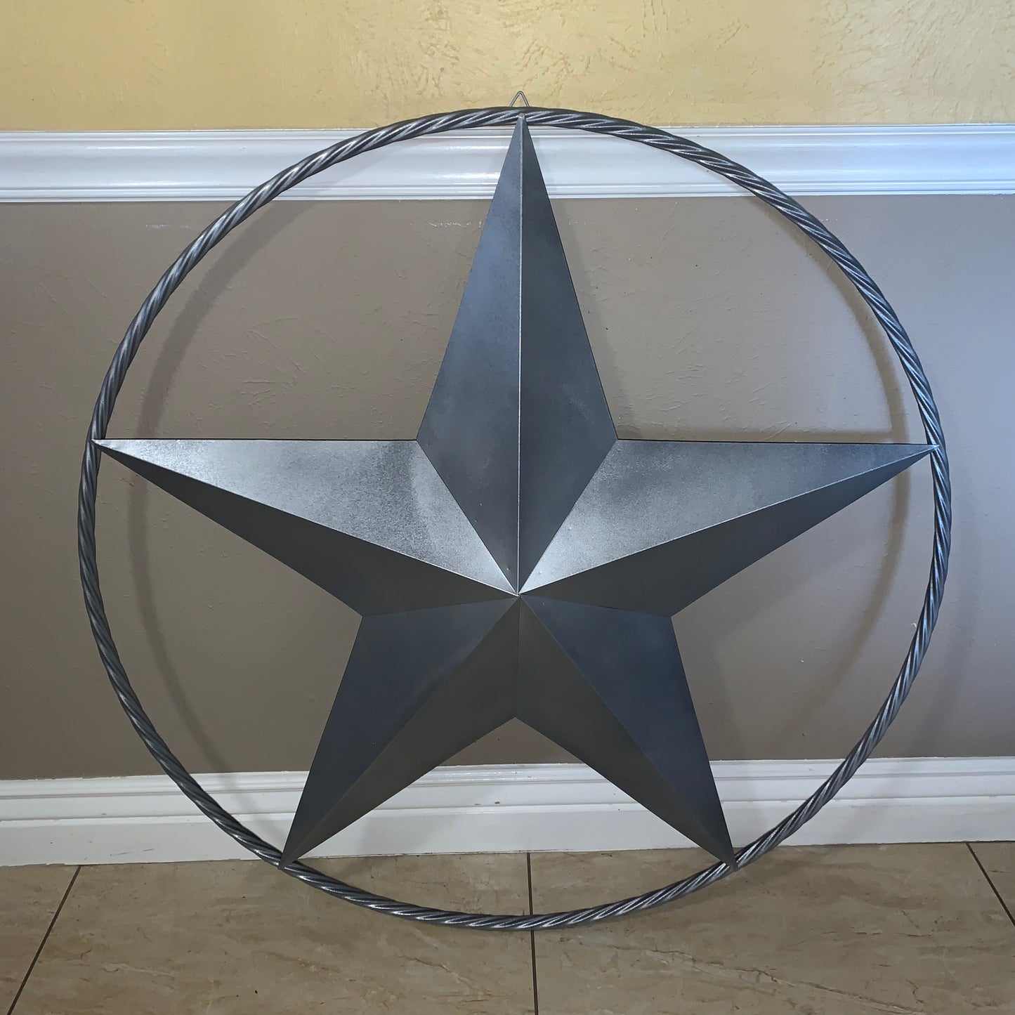RUSTIC GREY SILVER BARN METAL STAR TWISTED ROPE RING WESTERN HOME DECOR HANDMADE NEW 12",24",36",50",60",72"