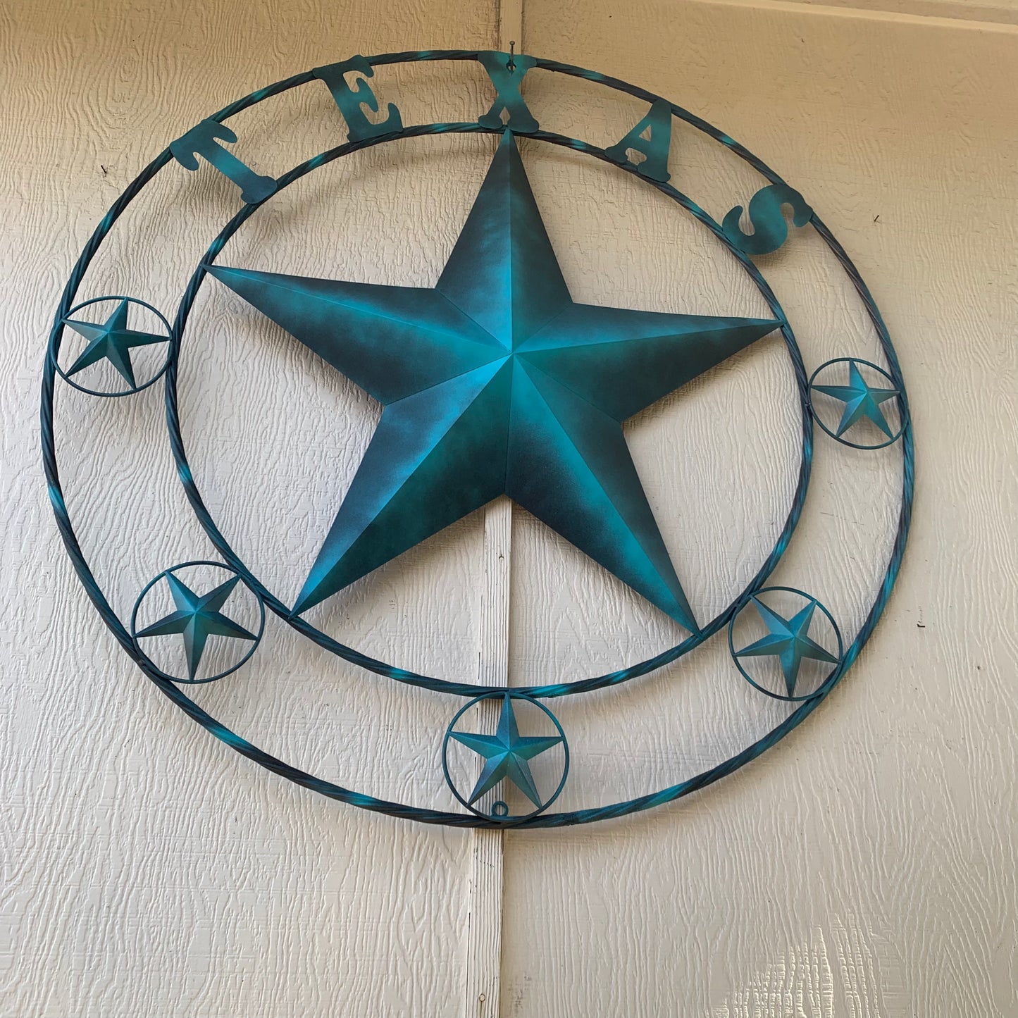 TEXAS LONESTAR TURQUOISE DISTRESSED TWO TONE METAL BARN STAR TWISTED ROPE RING WALL ART WESTERN HOME DECOR HANDMADE NEW #EH10483