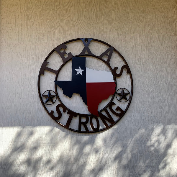 TEXAS STRONG SIGN METAL WALL ART WESTERN HOME DECOR RED WHITE BLUE WITH BRONZE RING HANDMADE #EH13212
