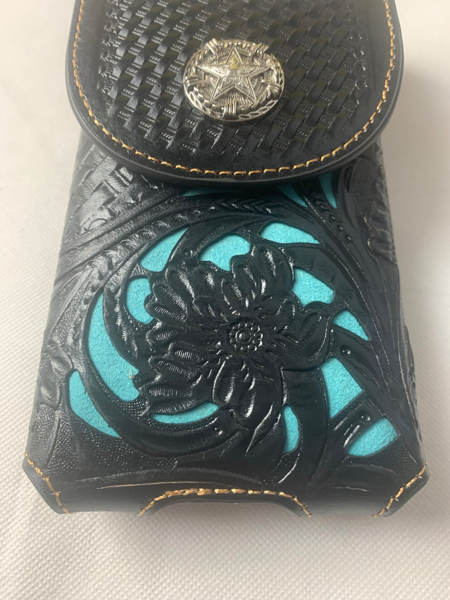 7" LONE STAR BLACK & TURQUOISE LEATHER HOLSTER POUCH EXTRA LARGE  BELT LOOP CELL PHONE CASE UNIVERSAL OVERSIZE--FREE SHIPPING