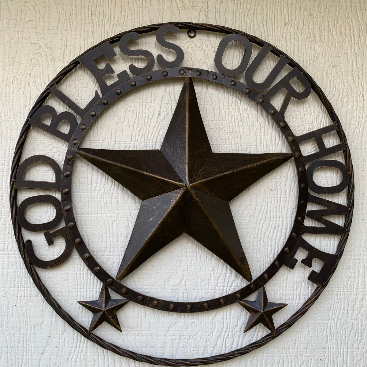 24" GOD BLESS OUR HOME BEADED STAR COLIBROX METAL TWISTED ROPE RING LONE STAR WALL ART WESTERN HOME DECOR RUSTIC DARK BRONZE COPPER HANDMADE NEW