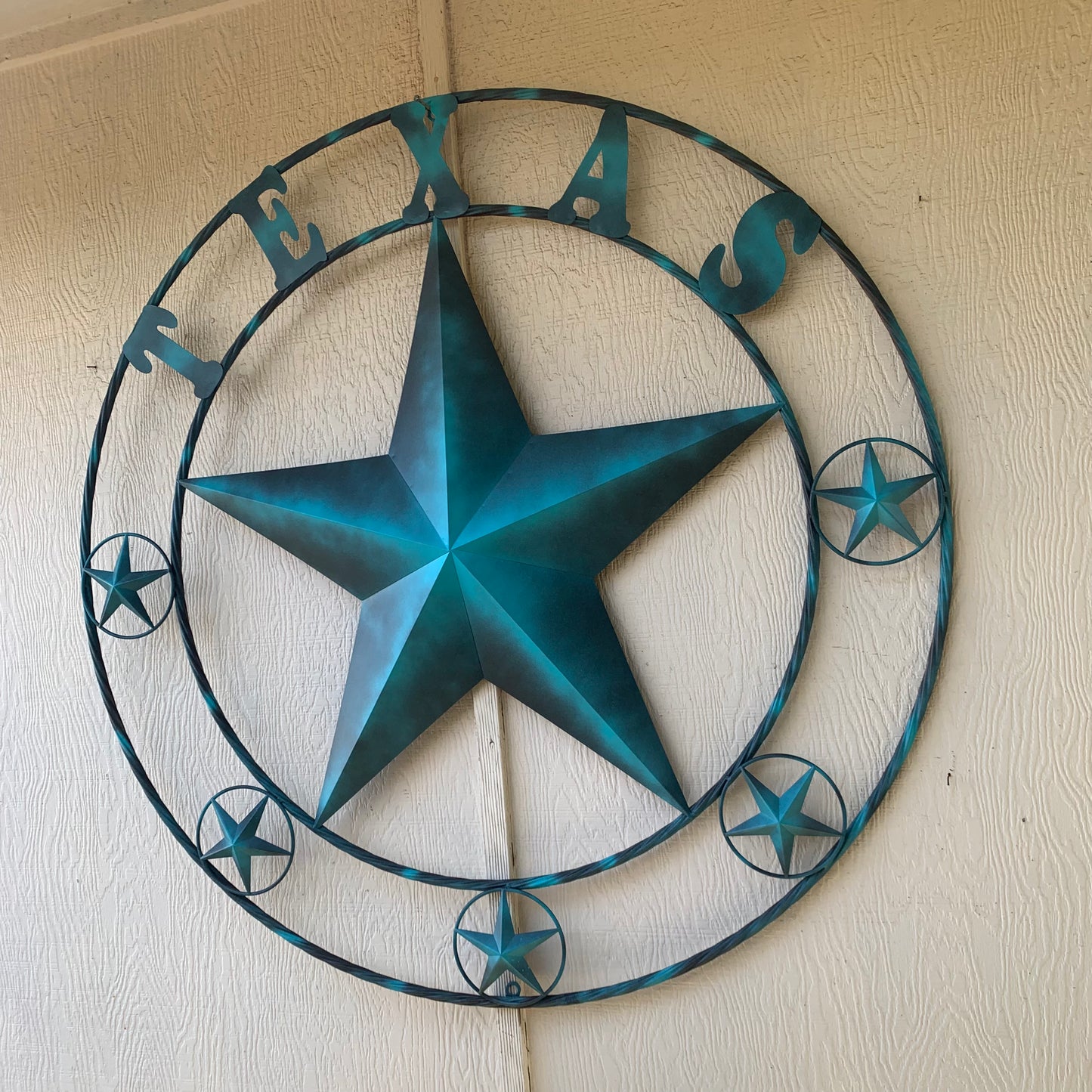 TEXAS LONESTAR TURQUOISE DISTRESSED TWO TONE METAL BARN STAR TWISTED ROPE RING WALL ART WESTERN HOME DECOR HANDMADE NEW #EH10483