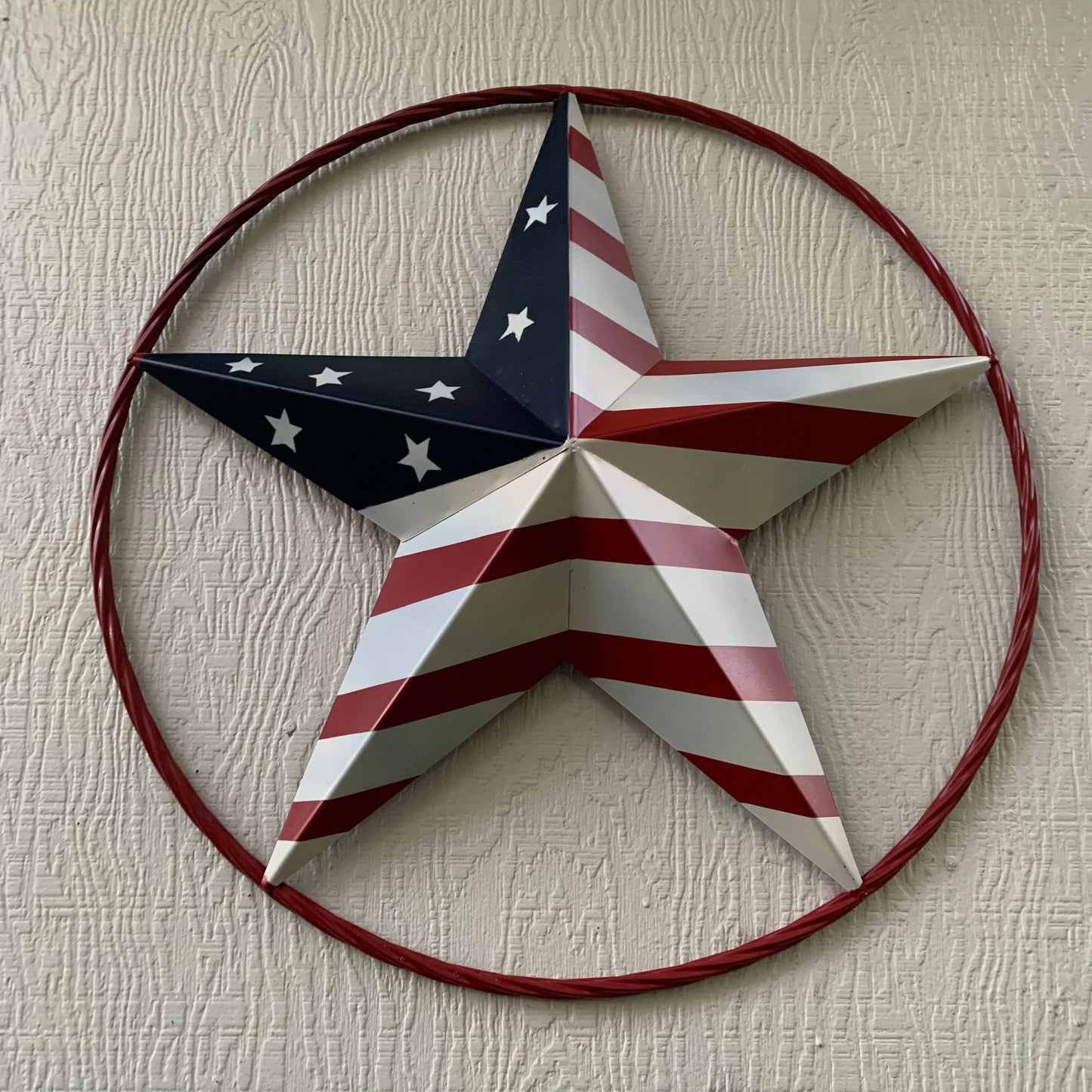 AMERICAN Flag USA Metal Barn Star RED, WHITE & BLUE WITH RED Rope Ring Western Home Decor Handmade 12",16",24",30",34",36",40",48"